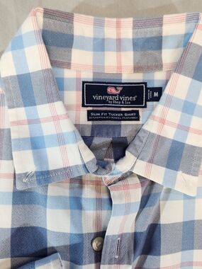 Vineyard Vines Men's Light Blue, Navy & Pink Plaid Button-Down Shirt